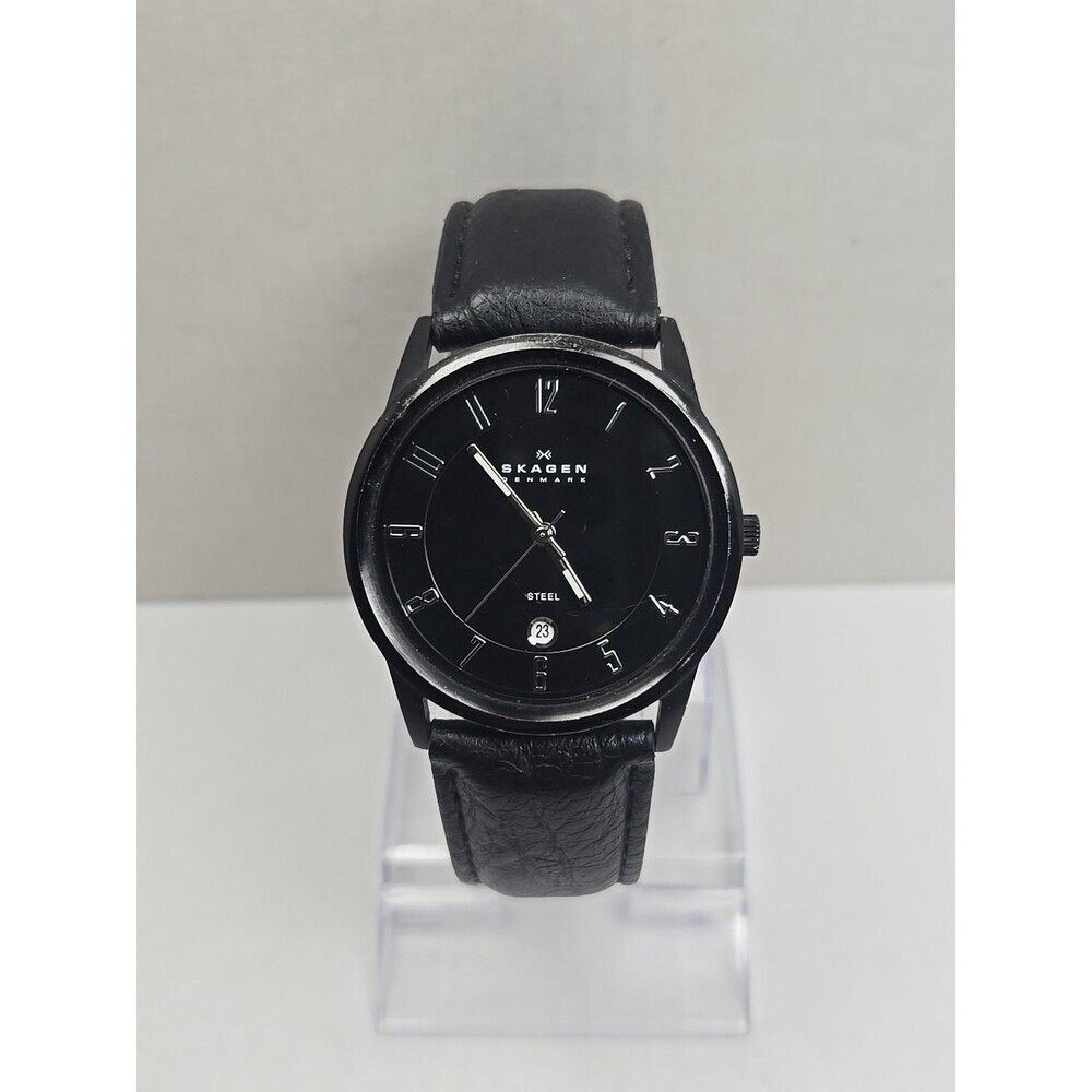 Skagen Denmark Black Stainless 38mm Date Mens Slim Watch New Battery Leather